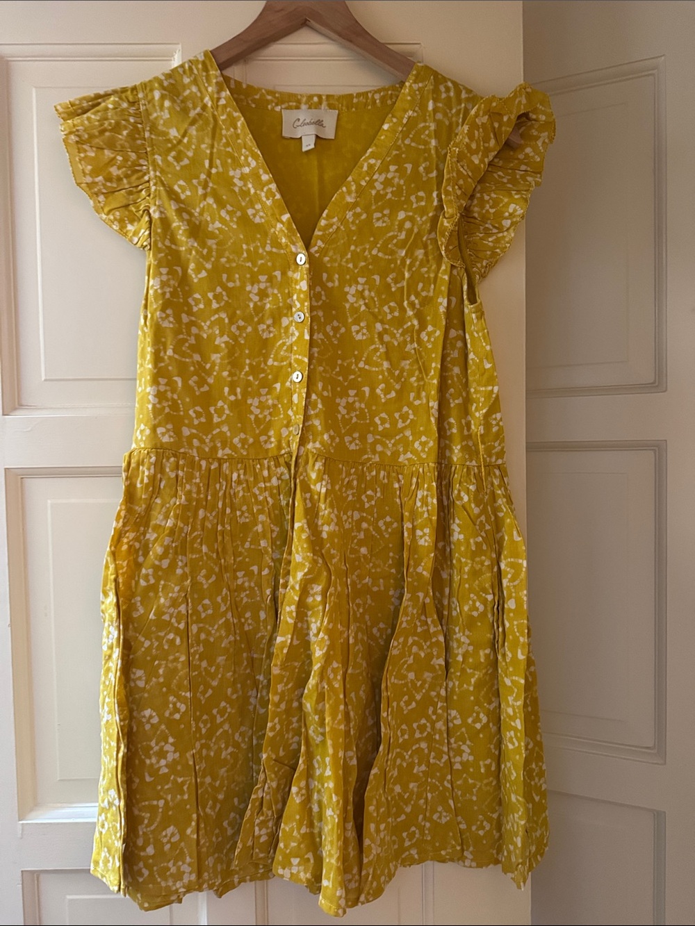 Cleobella Yellow Floral Mini Dress with Ruffle Sleeves